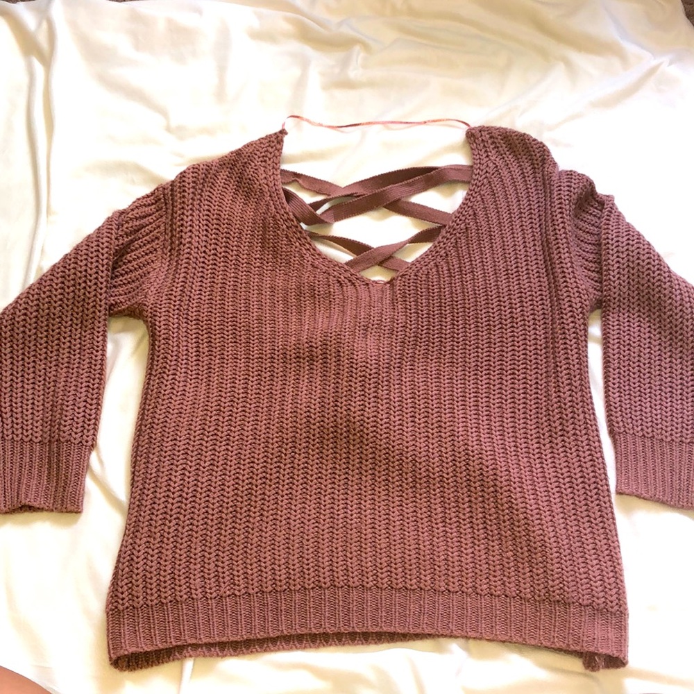 Love at first sight sweater v neck lace up back Size M EUC
